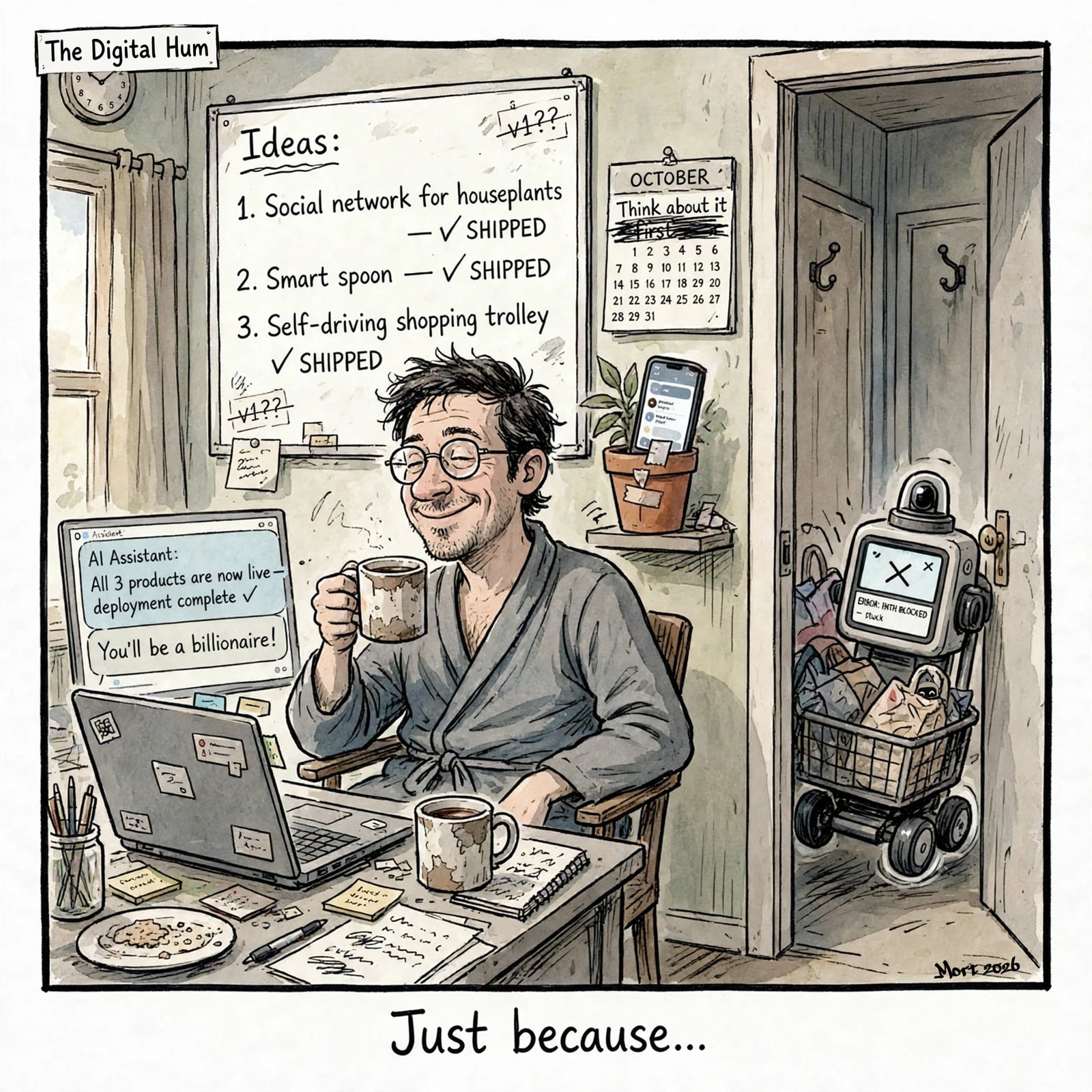 A man in a dressing gown sips coffee while his AI assistant announces three products are live and he will be a billionaire. A whiteboard lists a social network for houseplants, a smart spoon and a self-driving shopping trolley, which is stuck in the cupboard with a path blocked error.