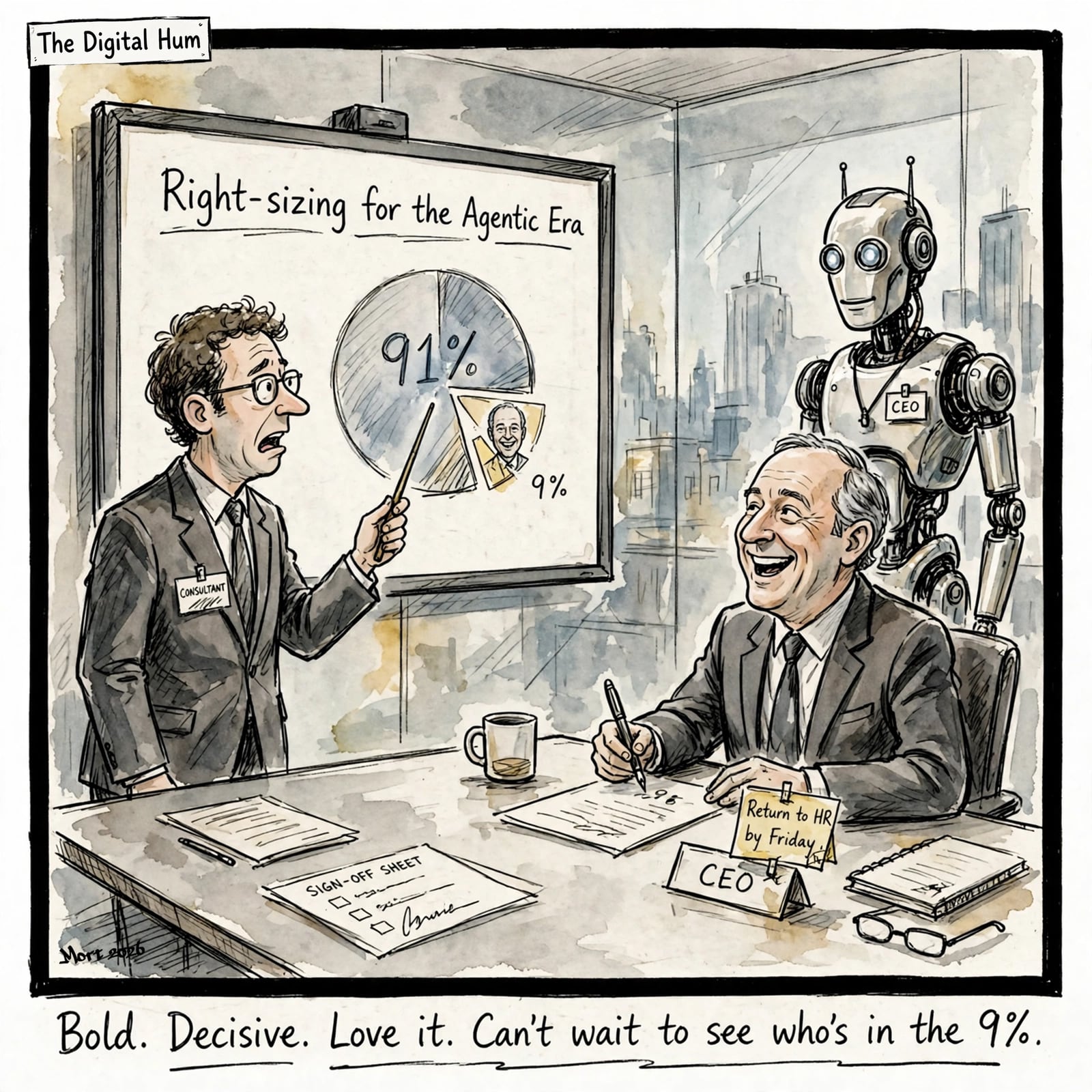 A consultant presents a downsizing strategy. The CEO loves it but an AI robot stands behind ready to replace him.