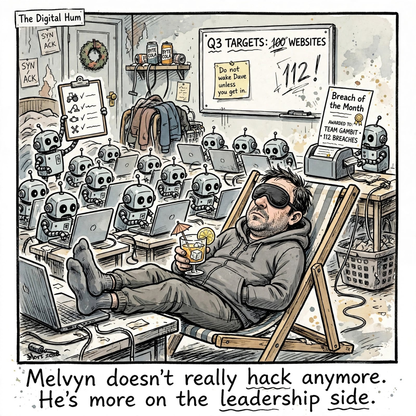 A man relaxes while an army of AI bots do all the hacking for him.
