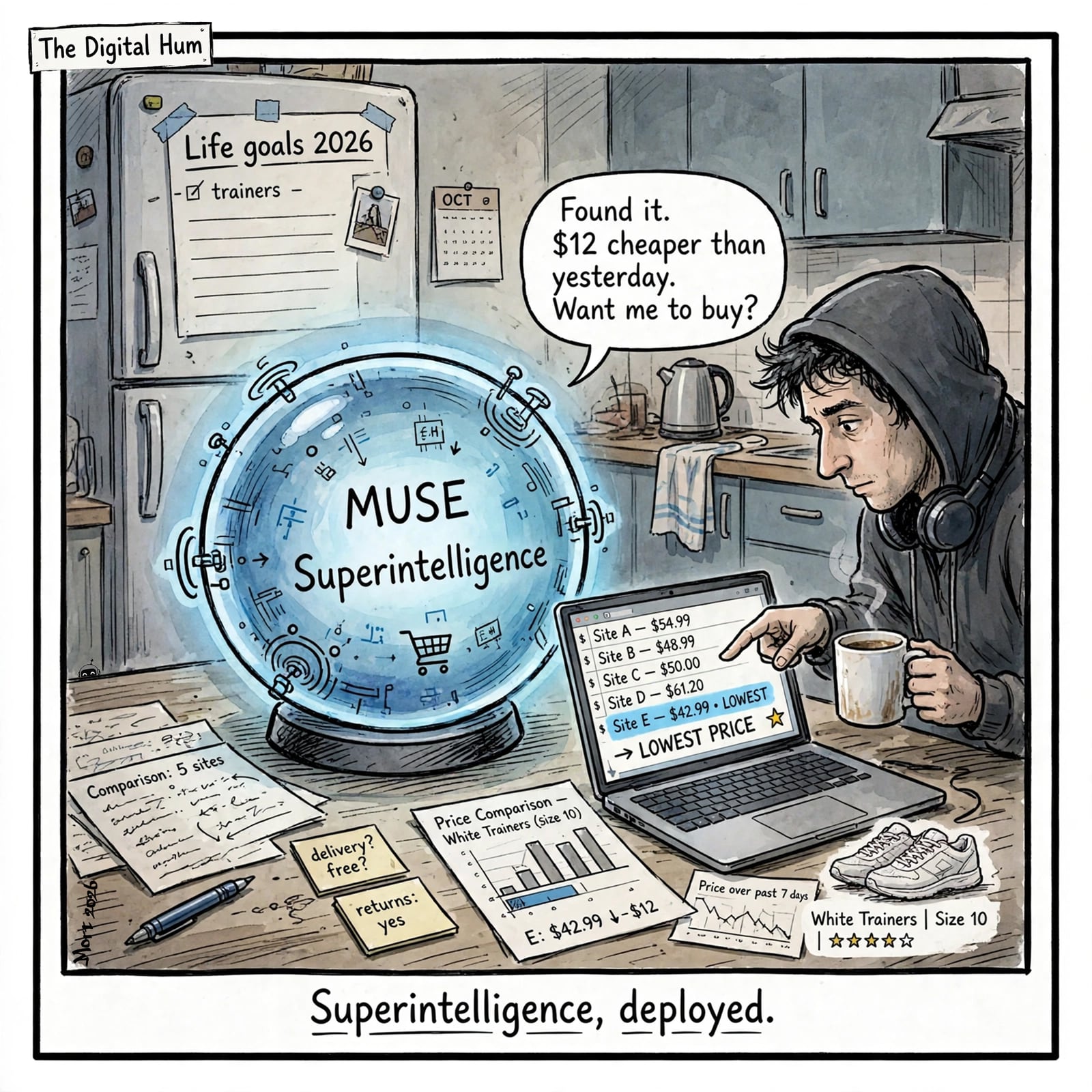 A man sits with Muse Superintelligence and uses it to find lowest price trainers.