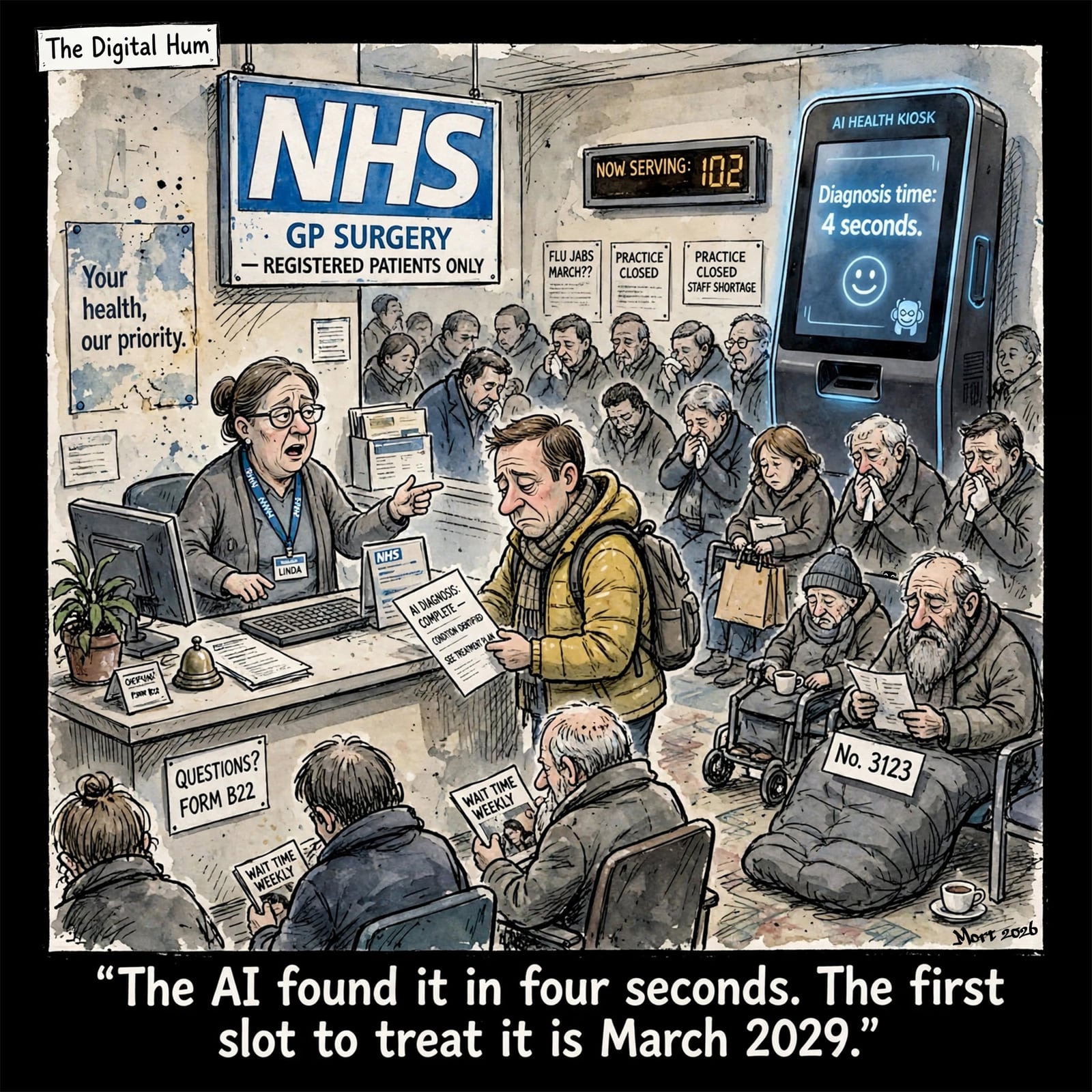 A receptionist at an NHS doctor is talking to an unhappy man.