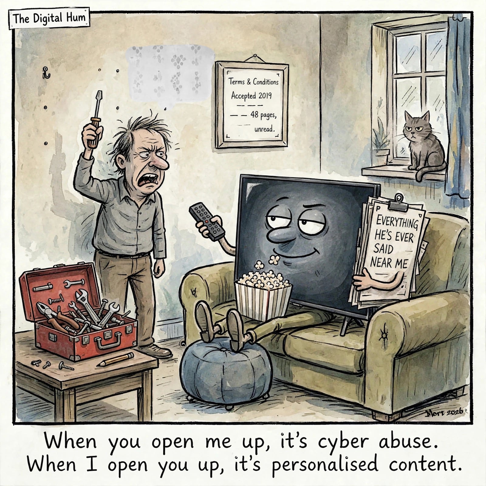 A TV is talking to a man holding a screwdriver.