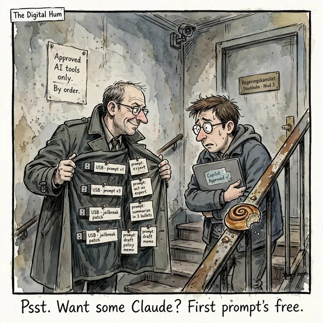A man in a trench coat outside a Stockholm government office opens his coat to show USB sticks and prompts for sale to a nervous civil servant clutching a Copilot-approved laptop, under a sign reading Approved AI tools only.