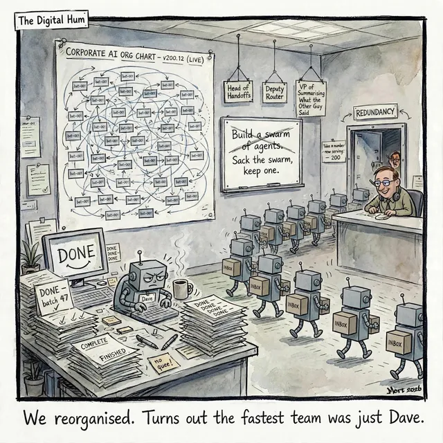 An office with a tangled AI org chart on the wall and a whiteboard reading Sack the swarm, keep one. A line of robots carrying inbox boxes queues for redundancy while one grumpy robot called Dave sits behind piles of finished work.