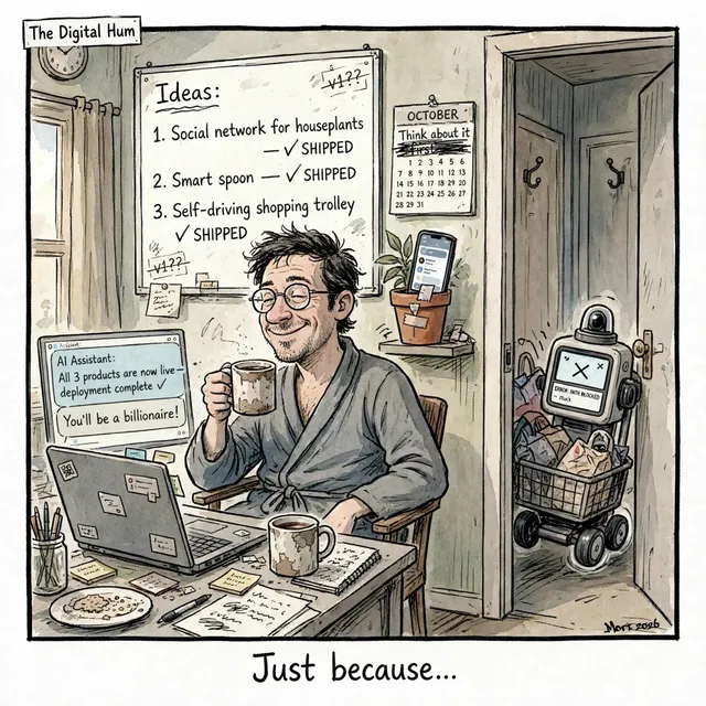 A man in a dressing gown sips coffee while his AI assistant announces three products are live and he will be a billionaire. A whiteboard lists a social network for houseplants, a smart spoon and a self-driving shopping trolley, which is stuck in the cupboard with a path blocked error.
