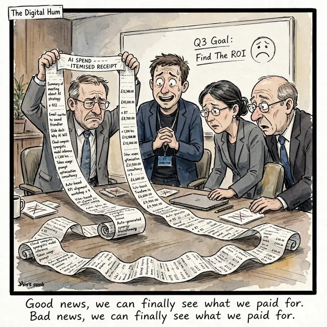 A corporate boardroom where the CFO finally gets the itemized report on what the company’s AI spend actually bought. It’s a supermarket-style till receipt so long it pours off the table and across the floor.